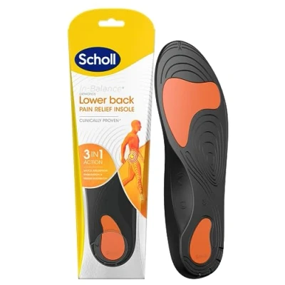 Imagen de Scholl Plantillas ortopédicas para aliviar el dolor de espalda baja, acción 3 en 1, absorción impactos, estabilización y redistribución presión, talón profundo soporte arco, talla S, 1 par