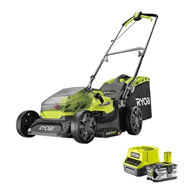Imagen de RYOBI Cortacésped 18V ONE+ 37 cm 6 Niveles de Corte Funciones EasyEdge y Mulching Entregado con 1 Batería Litio+ 4,0 Ah, Cargador Rápido 2,0 A Recogedor 45L RY18LM37A 140