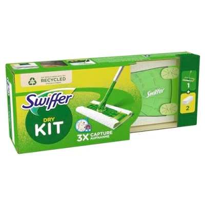 Imagen de Swiffer mopa para Principiantes, 1 + 2 paños Secos, Absorbe 3 Veces más Polvo y pelos los atrapa Kit