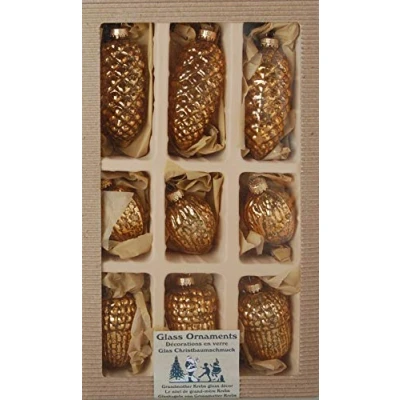 Imagen de Dekohelden24 Juego de 9 adornos para árbol Navidad Lauschaer, piñas, bellotas, nueces, 8 cm en oro con coronas doradas + 50 ganchos rápidos gratis a su pedido