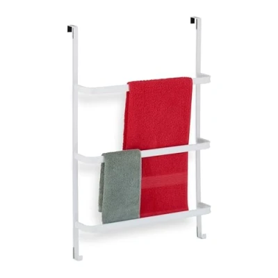 Imagen de Relaxdays Toallero para Puerta sin Taladrar, 85 x 54,5 15 cm, 3 Barras, 2 Ganchos, Colgador Toallas, Acero, Blanco