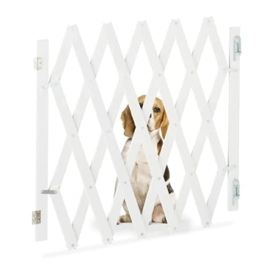 Imagen de Relaxdays Barrera Seguridad Niños Bambú, Valla Escaleras Plegable hasta 126 cm, 70 82 cm Alto, Reja Mascotas, Blanco, Hierro