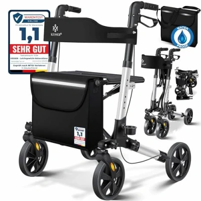 Imagen de KESSER® Andador plegable con asiento y respaldo, 4 Ruedas/Frenos/Saco de Compra Porta Bastón, Altura Ajustable 82 94cm, Andador, Carro, Rollator para Ancianos