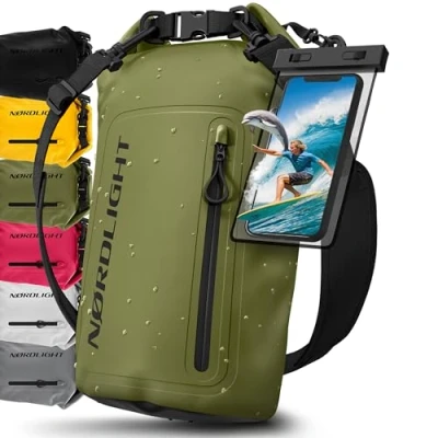 Imagen de Nordlight Bolsa Estanca Impermeable + Funda para Móvil, Cierre enrollable, Correa Hombro Drybag Mochila Saco Estanco de Transporte Náutica Playa SUP Verde Oliva, 30 Litros