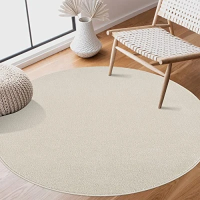 Imagen de SANAT Alfombra de salón Pelo Corto, Lisa, Moderna, para Dormitorio, Estudio, Oficina, Pasillo, habitación los niños y Cocina, Color Crema, 120 cm, Redonda