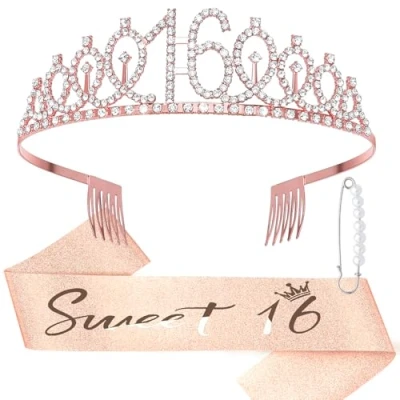 Imagen de DRESHOW 16 Cumpleaños Corona y Fajín para Mujer Niña Tiara Fiesta de Strass Set Decoraciones Accesorios el Pelo Purpurina
