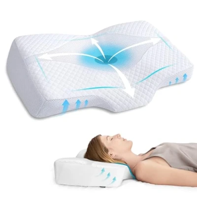 Imagen de HOMCA Almohada Cervical Ergonómica con Memoria de Forma, Viscoelastica Alturas Ajustables Fundas Lavables para Relajarse Dolor del Cuello y Hombro
