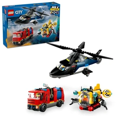 Imagen de LEGO City 3 en 1 Remix: Helicóptero, Camión de Bomberos y Submarino Juguete, Set Juguetes Vehículos Modulares Combinables Minifiguras, Regalo para Niños Niñas 7 Años o Más 60462
