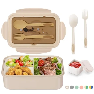Imagen de LUZOON Lunch Box, 1400Ml Bento Box Fiambrera Infantil y Adultos con 3 Compartimentos Cubiertos Caja de Almuerzo Plástico Alimentos sin BPA, para microondas(Caqui+Recipientes Salsas)