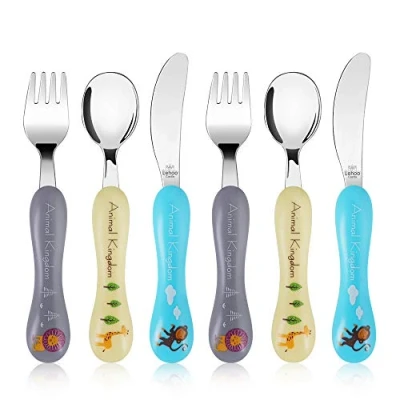 Imagen de Lehoo Castle Cubiertos Infantiles, 6 Pcs Bebe Acero Inoxidable con 2 x Tenedores Infantil, Cuchillos Niños, Cucharas Infantiles (Animales)