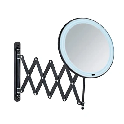 Imagen de WENKO Espejo cosmético de Pared telescópico con LED Barona, iluminación y 5 aumentos, Interruptor Encendido/Apagado táctil, Funcionamiento Pilas o Cable USB, Negro