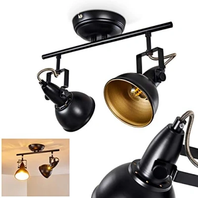 Imagen de lámpara de techo Tina, metal en negro/oro, 2 luces, con focos ajustables, x casquillo E14, foco diseño retro/vintage, sin bombilla(s)