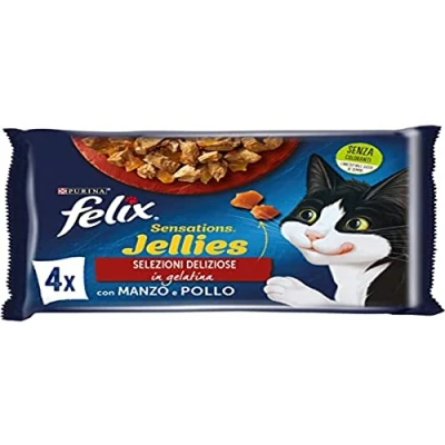 Imagen de Purina Felix Sensations Jellies Comida húmeda para Gatos con Manzana de gelatina Tomate y Pollo Zanahorias, 48 Bolsas 85 g Cada una