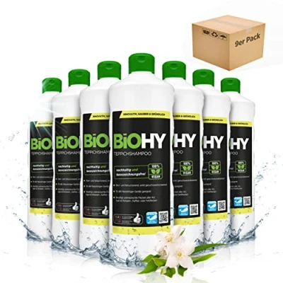 Imagen de BiOHY Champú para alfombras (9 botellas de 1 litro) Limpiador concentrado elimina las manchas rebeldes bien tolerado por los animales amigable con materiales (Teppichshampoo)