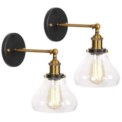 Imagen de FROIDEXG Aplique De Pared Lámpara Hierro Retro E27 Con Pantalla Vidrio Dispositivo Iluminación Enchufable Granja Luz Para Sala Estar Dormitorio 1/2 Paquetes