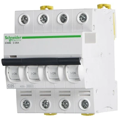 Imagen de Schneider Electric A9F74425 IC60N Disyuntor, Acti9, Curvatura C, 4P, 85 mm Altura x 72 Anchura 78.5 Profundidad, 25 A Corriente, 50/60 Hz, Blanco