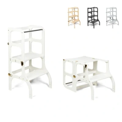 Imagen de Ette Tete Step’n’Sit® Montessori Torre Mesa de Aprendizaje Convertible Multifuncional 2 en 1 (con Cierres Oro, Blanco)