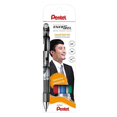 Imagen de Pentel BL77 4COL EnerGel Liquid Gel Tintenroller, 0,35mm Strichstärke, 4er Set, sortiert mit Druckmechanik