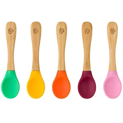 Imagen de Cucharas de bambú para alimentar al bebé con puntas silicona curvadas y suaves niños pequeños bebés (5 cucharas)