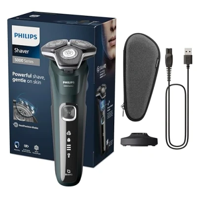 Imagen de Philips Serie 5000 Afeitadora Eléctrica Hombre, Máquina de Afeitar Barba con Recortadora, 45 cuchillas, Cuida la piel, 60min uso, En Seco y Húmedo, Recargable, Funda, Base Carga, S5884/35, Verde