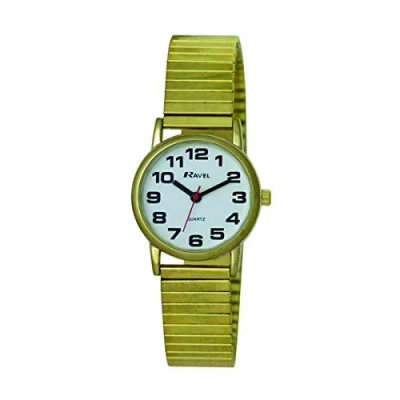 Imagen de Ravel Reloj de Pulsera Unisex Acero Inoxidable con Números Grandes y Manecillas Audaces Cuarzo Analógico R0208.01.1S Color Dorado/Esfera Blanca