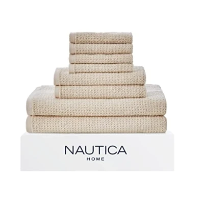 Imagen de Nautica Juego de Toallas baño 8 Piezas, Altamente absorbentes y Secado rápido, Elegante decoración artículos Esenciales Dormitorio (Beige Oasis, Piezas)