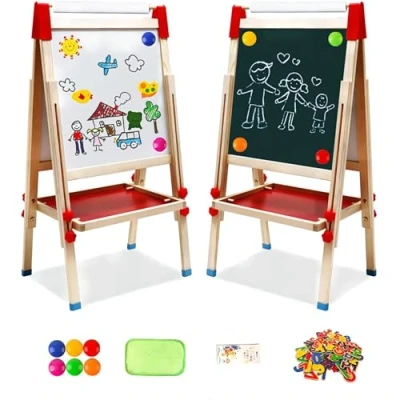 Imagen de Pizarra de madera 2 en 1Caballete Para Niños con Diseño Rollo PapelPizarra y IndependienteTablero Doble Cara Pegatinas Hacer Juegos Letras