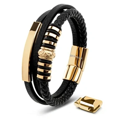 Imagen de SERASAR Pulsera Hombre Oro 20cm de Cuero Dorado Pulseras Hombres Brazalete Brazaletes Pulso Muñequera Muñequeras Bisuteria Joyeria Nudos Cuerda Cuerdas Bracelet Men Jewellery