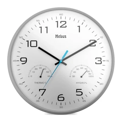 Imagen de Mebus Reloj de Pared analógico Cuarzo con termómetro e higrómetro para Temperatura y Humedad, Gris, 30 cm Diameter