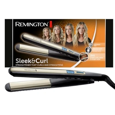 Imagen de Remington Plancha de Pelo Sleek &amp; Curl, 2 en 1 Alisa y Riza, Óptimo Ondas, Placas Estrechas Extralargas, Cerámica Avanzada, Temperatura hasta 230C, Función Turbo, Digital, Calentamiento 15s, S6500