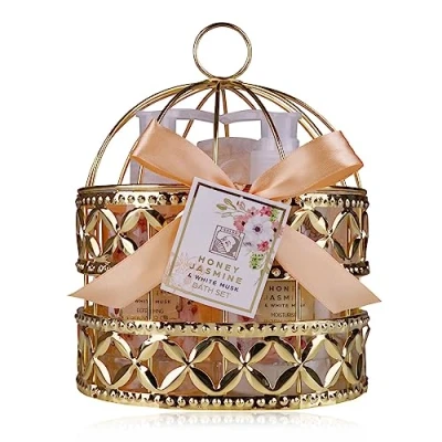 Imagen de Accentra set de ducha regalo para mujer HONEY JASMINE en una hermosa jaula decorativa cuidado personal 3 piezas con gel ducha, loción corporal y esponja baño,