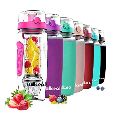 Imagen de willceal Infusor de Frutas Botella Agua 32 oz,Durable con Bola Gel Hielo Desmontable, Grande Tritan Libre BPA, Tapa abatible, diseño a Prueba Fugas Deportes, Camping (Rosado)