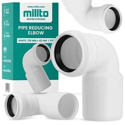 Imagen de Millto™ Reductor de arco 50 x 40 mm, 90º, color blanco, codo para desagüe, alcantarillado sanitario, tubo colector sistema polipropileno