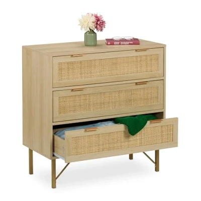 Imagen de Relaxdays Cómoda, 3 Cajones, Ratán y Efecto Madera, 80 x 42 cm, Salón, Pasillo, Estilo Boho, Natural/Dorado, Plástico, Tablero de Fibras, Hierro
