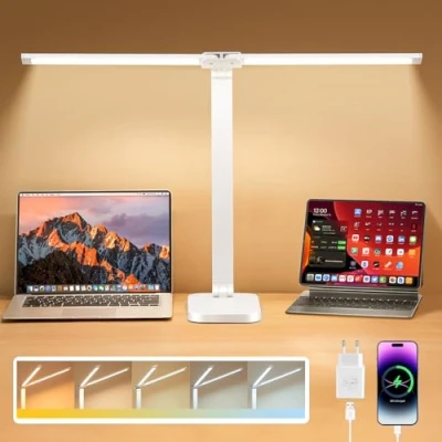 Imagen de One Fire Doble Cabeza Flexo LED Escritorio,10 Brillo 5 Colores Lampara Escritorio con Enchufe de Alimentación,Plegable Ajustable Escritorio,Temporizador 45min Mesa,Lampara