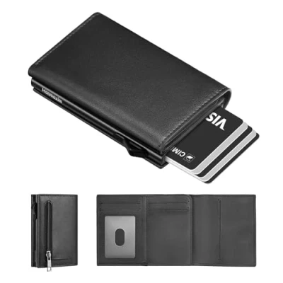 Imagen de Manmaxim Billetera Hombre RFID Trifold, Tarjetero Smart Pop Up Slim Wallet con Bolsillo para Monedas Cremallera, de Crédito hasta 9 Tarjetas (Negro)