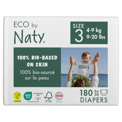 Imagen de Eco by Naty Pañales bebé ecológicos a base de plantas, ideales para la piel sensible del y ayuda evitar las fugas (Talla 3, 180 unidades)