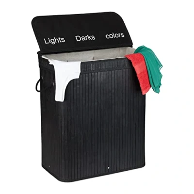 Imagen de Relaxdays Ropa Sucia, Bambú, 3 Compartimentos de 30 L, Cesta Colada con Tapa, Asas, 63x55x35 cm, Colores a Elegir