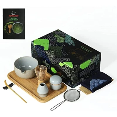 Imagen de juego de ceremonia TEANAGOO Matcha con bandeja, té japonés, cuenco pico vertedor, batidor bambú Matcha, cuchara, tamiz, soporte para O2, gris oscuro