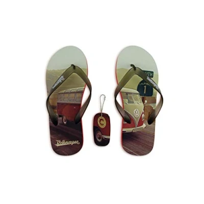 Imagen de BRISA VW Collection Volkswagen Furgoneta Hippie Bus T1 Van FLI Flops Vintage con Llavero, Sandalias de Playa, Zapatos Baño, Chanclas Retro, Chancletas Verano (XL 42/43, Highway 1)