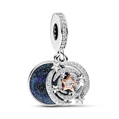 Imagen de Pandora Moments Colgante doble de plata ley y chapado en oro rosa 14 quilates con diseño estrellas fugaces, circonitas cúbicas transparentes esmalte azul brillante