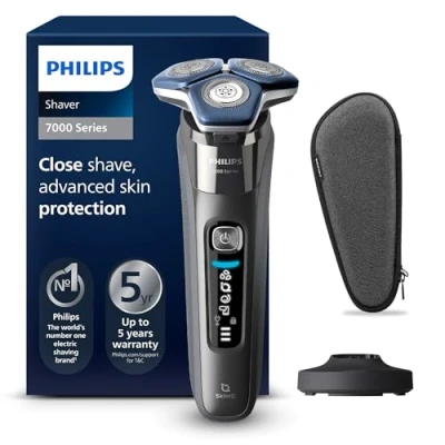 Imagen de Afeitadora Philips S7000 S7887/35, eléctrica, Seco y mojado, Conexión con app, Soporte carga, Cortapatillas, Cromado oscuro