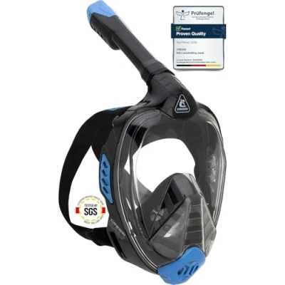 Imagen de CRESSI Bali Full Face Mask Black/Blue L/XL Máscara Integral Unisex para Snorkeling, Lente Ultra Transparente Antivaho, 100% Silicona, Tubo Seco con Válvula, Apoyo Action CAM, Negro/Azul,