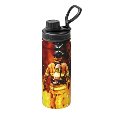 Imagen de botella de agua deportiva aislada al vacío con estampado llamas bombero, acero inoxidable 18 onzas para gimnasio, deportes en casa