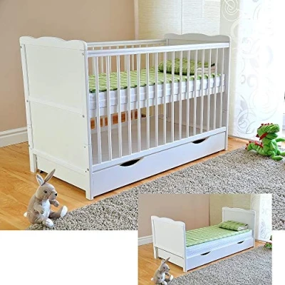 Imagen de Cuna con cajón y tapa, colchón de espuma aloe vera, altura regulable, color blanco, convertible en cama infantil