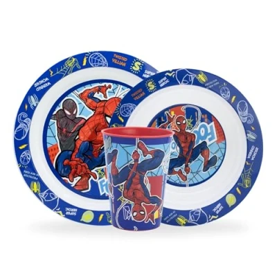 Imagen de Sorrisini Vajilla Infantil para niños y bebés Spiderman reutilizable apta microondas Juego de platos irrompibles plástico plato, cuenco cereal, taza 260 ml, sin BPA