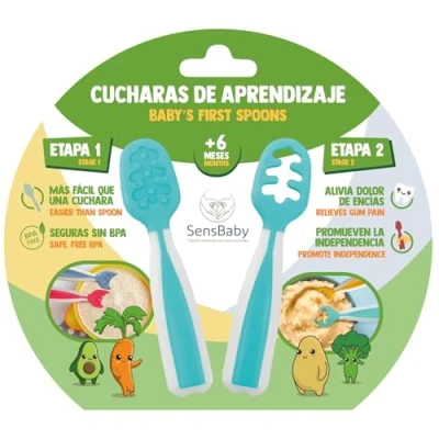 Imagen de SENSBABY Cuchara Bebe Aprendizaje Silicona, Precucharas Blw en 2 Etapas, Silicona Bebé, Cucharas 6 Meses Recomendadas por Nutricionistas, Cubiertos