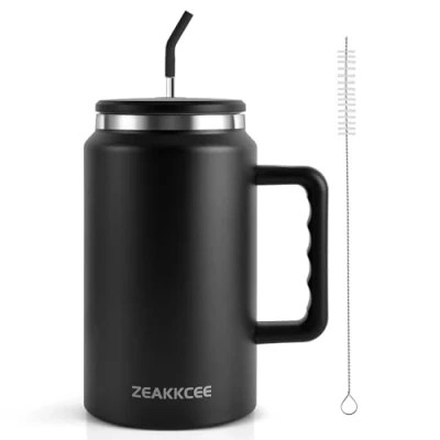 Imagen de ZEAKKCEE 50oz Taza de Café Con pajita tapa manija, Viaje Acero Inoxidable Mug Termo, Mantiene 24H Frio/9H Calor, Gran capacidad Sin BPA