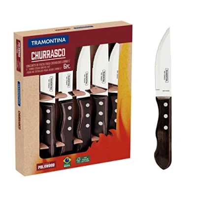 Imagen de Tramontina Juego de Cuchillos Churrasco Jumbo, para Asado, en Acero Inoxidable y Mangos Madera Polywood Color Castaño, Remaches Aluminio, 6 Piezas
