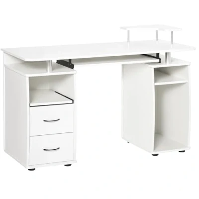 Imagen de HOMCOM Escritorio con Estanterías Mesa de Ordenador 2 Cajones Bandeja Teclado Extraíble y Soporte para Monitor CPU Oficina Estudio 120x55x85 cm Blanco